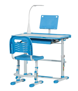 lot 383 image: Qaba Kids Desk and Chair Set, Height Adjustable School Study Table and Chair, Student Writing Desk with Tilt Desktop, LED Light, Pen Box, Drawer, Reading Board, Cup Holder, and Pen Slots, Blue