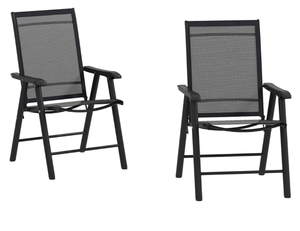 lot 385 image: Outsunny Set of 2 Patio Folding Chairs, Stackable Outdoor Sling Patio Dining Chairs with Armrests for Lawn, Camping, Dining, Beach, Metal Frame, No Assembly, Black