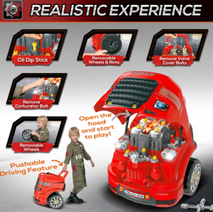 lot 390 image: Qaba Mechanic Kids Truck Engine Toy Set, Car Service Play Set, Red (Maybe Missing Hardware)