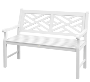 lot 372 image: Outsunny Outdoor Garden Bench, Wooden Frame Patio Bench with Geometric Pattern, 43.25 Inch Weatherproof 2-Person Love Seat for Garden, Lawn, Porch, Yard, Work Entryway, White (Missing Hardware, Missing Part A See Photos)