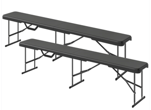 lot 162 image: Outsunny 2 Pack 6 ft Portable Foldable Bench Seats, Plastic Folding Benches with Carrying Handle for Camping, Black (Used, Minor Transit Damage 1 Bench Does Not Close Completly)