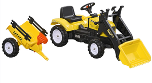 lot 169 image: Aosom Ride-On Kids BulldozerExcavator Toy with Real Working Dirt Bucket, Easy Pedal Controls, 6 Wheels, & Cargo Trailer (Missing Part 14)