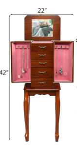 lot 179 image: Costway Standing Jewelry Box with 4 Drawers and 2 Side Doors Brown (Minor Transit Damage, See Photos)