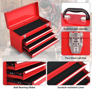 lot 180 image: Toolsempire Portable Tool Box, 3-Drawer Tool Chest with Carry Handle, 2 Metal Latches & Liner, Metal Tool Box Storage Box Organizer for Garage, Warehouse & Repair Shop (Red)
