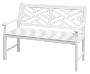 lot 186 image: Outsunny Outdoor Garden Bench, Wooden Frame Patio Bench with Geometric Pattern, 43.25 Inch Weatherproof 2-Person Love Seat for Garden, Lawn, Porch, Yard, Work Entryway, White (Missing Hardware)