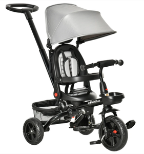 lot 198 image: Qaba Kids Tricycle, 4 in 1 Foldable Trike with Reversible Seat, Adjustable Parent Handle, Safety Harness, Wheel Brakes, Removable Canopy, Storage, Tricycle for Toddlers 1-5 Years, Gray (Missing Front Wheel)