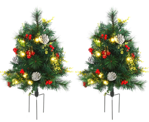 lot 340 image: HOMCOM 24in Christmas Tree 2-Pack Outdoor Pre-Lit Artificial Pine Cordless with 24 Warm White Lights and Stakes
