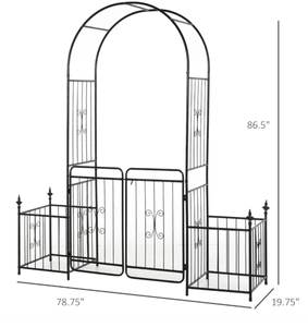 lot 407 image: Outsunny 86 Garden Arch Arbor, Metal Arch Trellis with Gate and Planter Baskets, Garden Archway for Climbing Vines, Wedding Ceremony Decoration, Flourishes & Arrow Tips, Black
