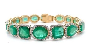 lot 3 image: 33.28 Carat Natural Emerald & Natural Diamond Bracelet in 18K Yellow Gold w Appraisal Retail $59,820 VIDEO
