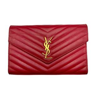 lot 36 image: Saint Laurent Red Chevron Quilted Leather Envelope Chain Wallet Pre-Owned Retail $1,550