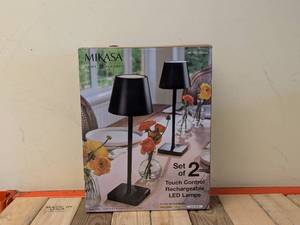 lot 38 image: MIKASA HOME ACCENTS TOUCH CONTROL RECHARGEABLE LED LAMPS 2PK (BLACK)
