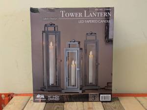 lot 29 image: EVERGREEN TOWER LANTERN LED TAPERED CANDLE (GRAY FINISH) 3PK
