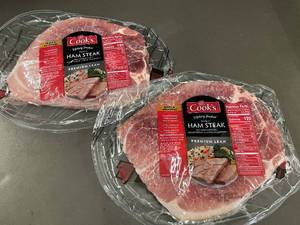 lot 19 image: Cooks Hickory-Smoked Bone-In Ham Steaks Premium Lean 2-Pack