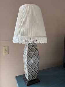 lot 16 image: Table Lamp - Geometric Diamond Pattern Ceramic Base with White Pleated Shade
