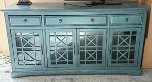 lot 18 image: Turquoise Painted Console Cabinet With Glass-Lattice Doors - 60 in Wide, 30 in High