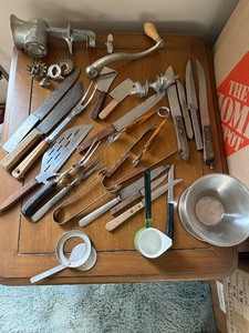lot 28 image: Vintage Kitchen Tools - Meat Grinder, Carving Knives, Spatulas & More