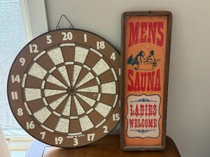 lot 53 image: Vintage Dartboard (double sided) & Mens Sauna Sign (Lot of 2)