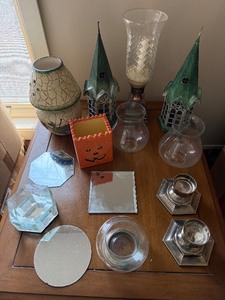 lot 126 image: Green Metal Church Lanterns (2) - Crackle-Glaze Pots (2) - Halloween Pumpkin Box - Diamond Glass Cube