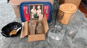 lot 129 image: Planters Pennant Vintage Tin Tray - Glass Milk Bottles, Jars, Vase & LP Record Bowl
