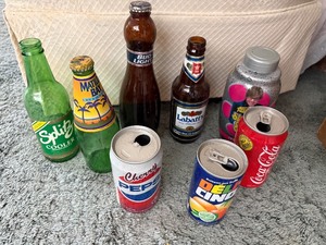 lot 131 image: Assorted Beverage Bottles & Cans - Coca-Cola, Mountain Dew, Bud Light, Labatt Blue, Sprite