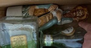 Vintage Bar Items - Decanters, bottles, cans - Assorted Beverage Bottles & Cans - Coca-Cola, Mountain Dew, Bud Light, Labatt Blue, Sprite