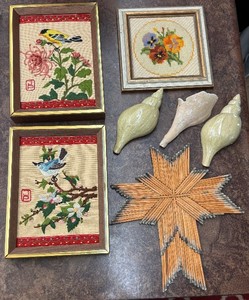 lot 136 image: Embroidered Bird & Floral Wall Art Set - 3 Framed Cross-Stitch Panels & Seashell Decor & Matchstick Star