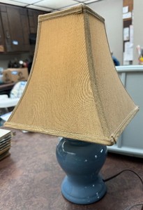 lot 149 image: Table Lamp - Beige Fabric Shade, Blue Ceramic Base