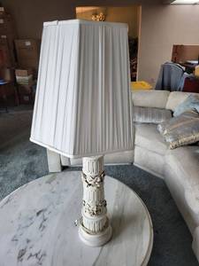 lot 10 image: Table Lamp - White Ceramic with Floral Carved Column, 36in Tall