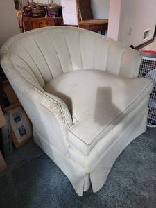 lot 12 image: Cream Upholstered Club Chair - Curved Back, Vertical Channeling, 20 in W x 27 in D x 27 in H