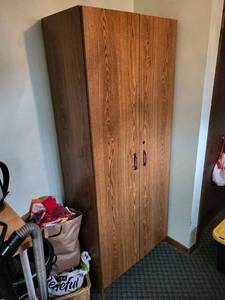 lot 13 image: Oak Wood Wardrobe Cabinet - Tall Double-Door Armoire for Storage