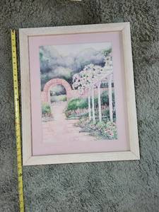 lot 48 image: Framed Garden Scene Print - Pink Mat & Light Wood Frame