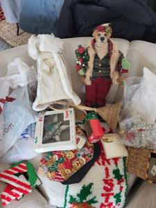 lot 102 image: Christmas Ornament Bundle - Gold & Red Balls, Santa Figurine, Dog Figurine, Candlestick