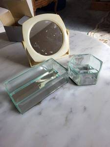 lot 103 image: Round Vanity Mirror with Hexagonal & Rectangular Glass Boxes - 3-Piece Set