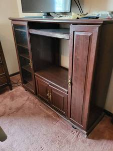 lot 164 image: Dark Cherry Wood Entertainment Center Cabinet with Glass Display Door - 60 x 19 x 52