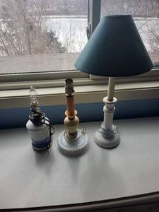 lot 179 image: Table Lamps (Lot of 3) - Vintage Mixed Styles WhiteBlue Ceramic, Wood-Pillar, Teal Shade