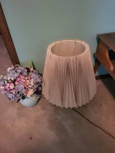 Ceramic Table Lamp with Pleated Shade & Pale Blue Hydrangea Vase