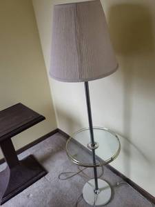 lot 195 image: Floor Lamp With Glass Shelf - Chrome Pole & Beige Fabric Shade