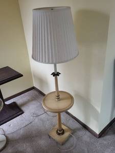 lot 196 image: Floor Lamp - Vintage Mid-Century With Round Shelf & Pleated Shade
