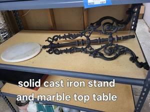 lot 198 image: Cast Iron Table Plant Stand Needs Repair - Marble Top, Ornate Scrollwork, Round