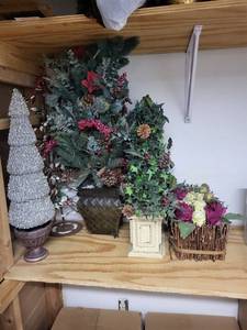 lot 205 image: Silver Glitter Cone Christmas Tree on Pedestal with Faux Greenery & Floral Basket