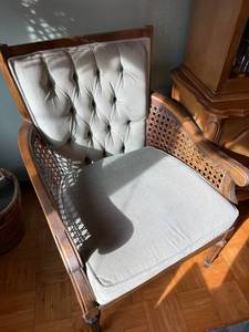 lot 62 image: Vintage Wooden Armchairs with Tufted Upholstery and Cane Detailing