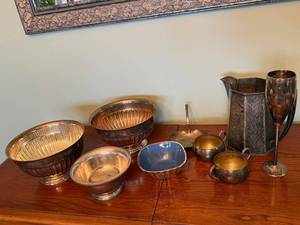 lot 73 image: Vintage Silver and Metal Serving Lot Bowls, Pitchers, Goblets