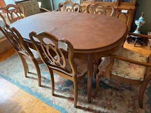 lot 88 image: Vintage Dining Table Set with Chairs - Needs Repair, Custom Cut Protective Cover