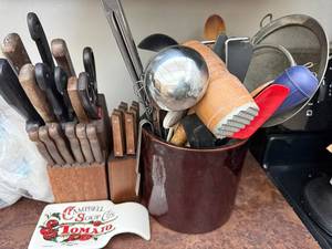 lot 119 image: Kitchen Utensil Lot with Knife Block and Campbell Soup Tray