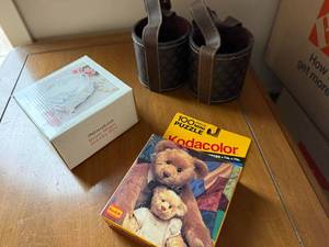 lot 146 image: Silverplated Heart Jewelry Box, Kodak 100-Piece Puzzle, Leather Cups