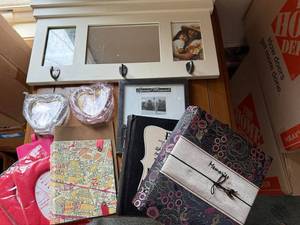 lot 147 image: Mixed Home Decor Lot Mirror Frame, Albums, Dishes & More
