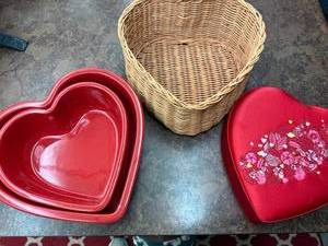 lot 226 image: Heart-Shaped Baking Dishes, Woven Basket & Godiva Gift Box Set