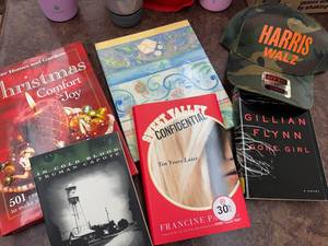 lot 285 image: Book Lot with Camo Cap - Includes Gone Girl, In Cold Blood, and More