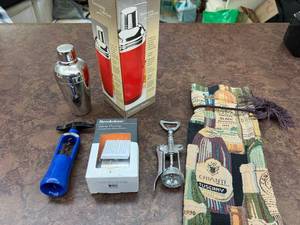 lot 299 image: Barware Lot Cocktail Shaker, Brookstone Wine Pump, Opener & Wine Bag