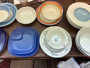 lot 41 image: Entire Contents of the Cupboard Including Serving Pieces, Blue & White Porcelain Dinnerware Set with Glassware - Gravy Boat Included